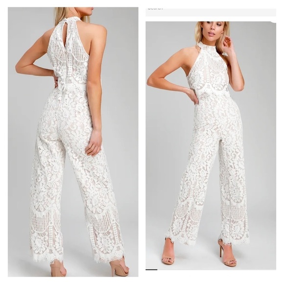 Lulus Pants - Lulu’s Britney White Lace Halter Jumpsuit